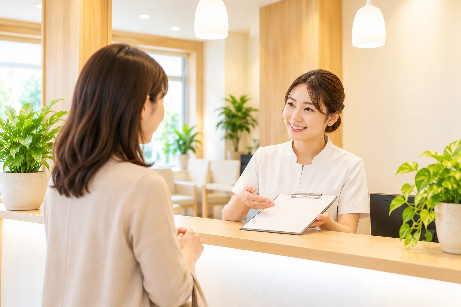 受付でスタッフの説明を聞く患者さん
